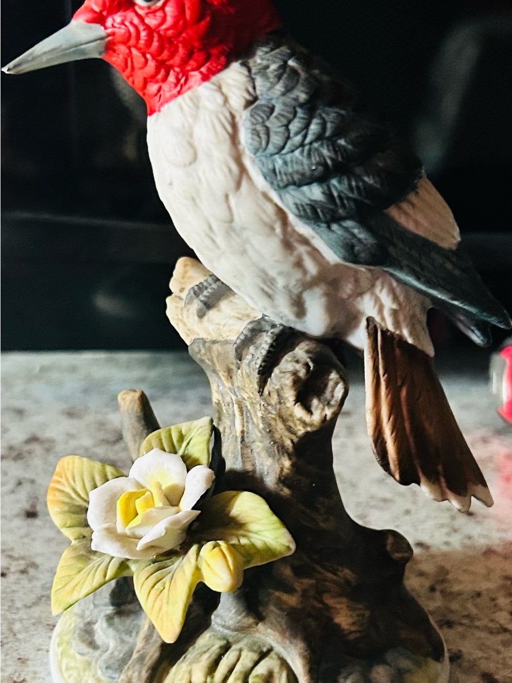 Red-Headed Decorative Bird Perch Figurine in Gray, White & Brown